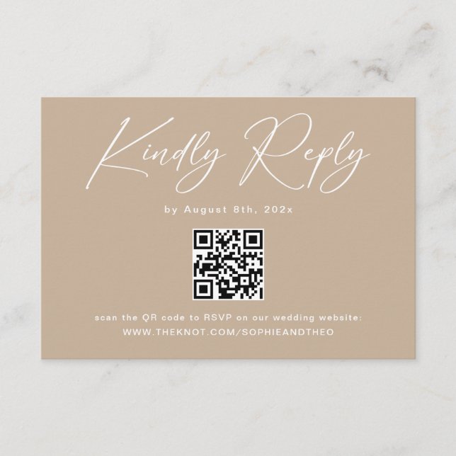 Boho Beige Neutral Wedding RSVP Qr Code Enclosure Card (Front)
