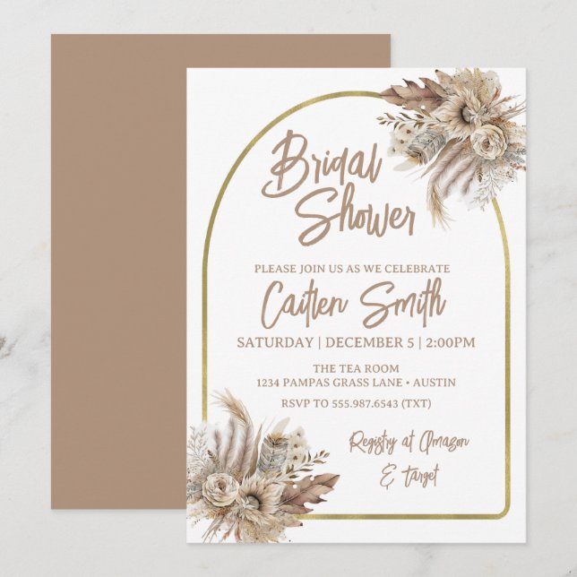 Boho Beige Pampas Grass Bridal Shower Invitation (Front/Back)