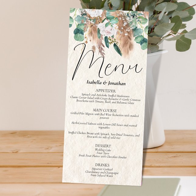 Boho Beige Pampas Grass Eucalyptus Greenery Floral Menu (Creator Uploaded)