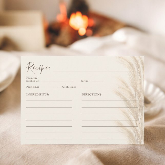 Boho beige pampas grass watercolor bridal recipe  invitation (Boho beige pampas grass watercolor bridal recipe invitation)