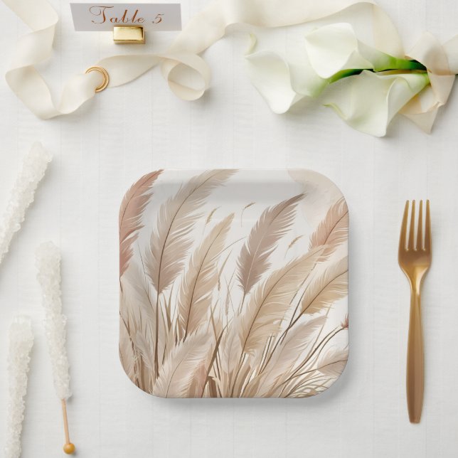 Boho Beige Pampas Grass Wedding Paper Plates (Wedding)