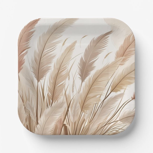 Boho Beige Pampas Grass Wedding Paper Plates (Front)