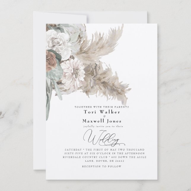 Boho Beige Pampas No Parents Ecru Wedding Invitation (Front)