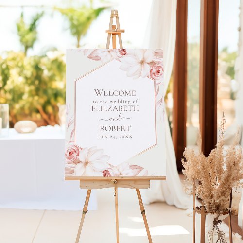 Boho Beige Pink Floral Wedding Welcome Foam Board