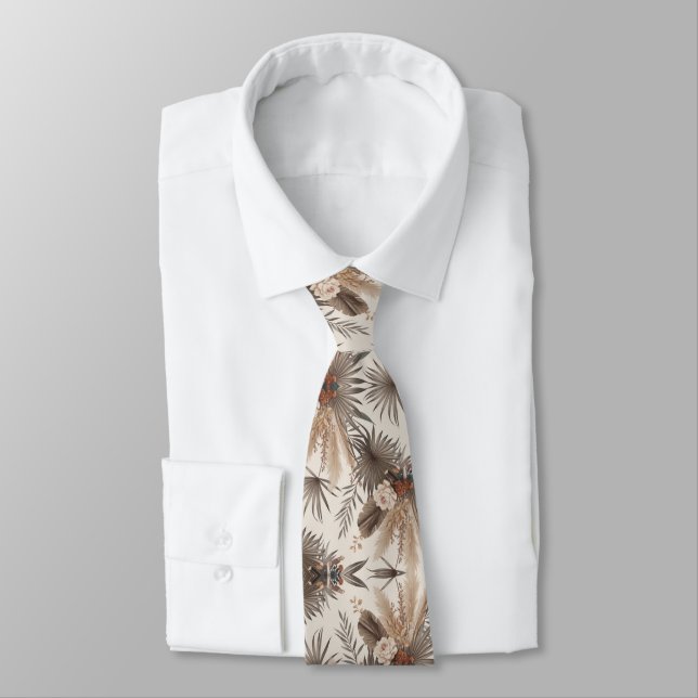 Boho beige plants neck tie (Tied)