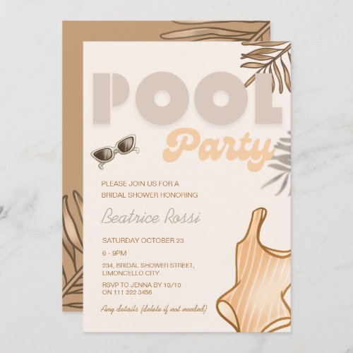 Boho Beige Pool Party Retro Vintage Bridal Shower Invitation