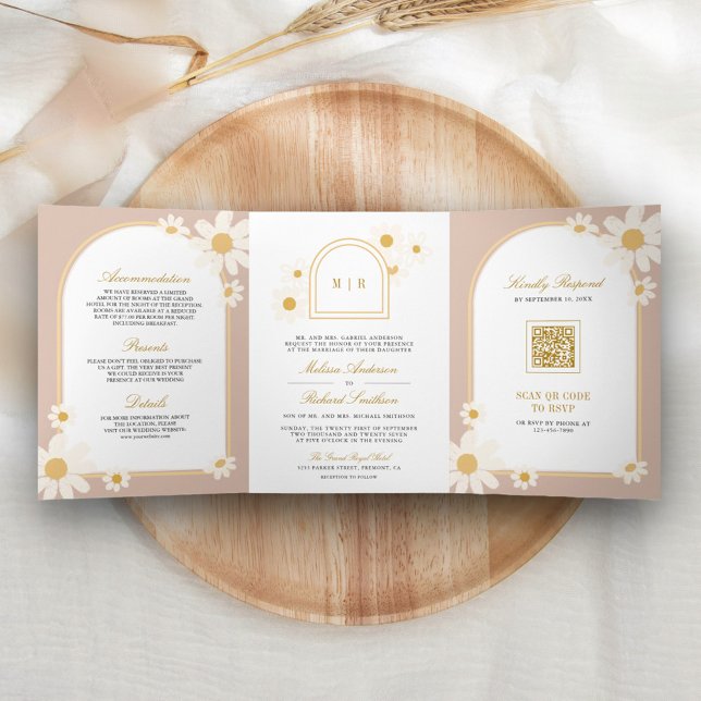 Boho Beige Retro Yellow Daisy All in One Wedding Tri-Fold Invitation (Creator Uploaded)