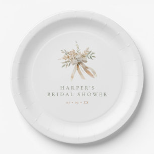 Boho Beige & Sage Flowers & Bow Bridal Shower Paper Plates