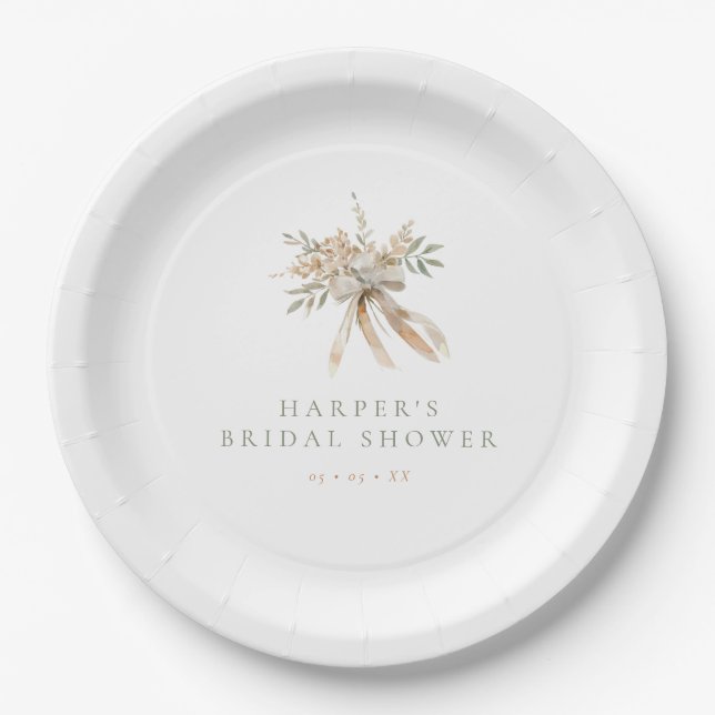 Boho Beige & Sage Flowers & Bow Bridal Shower Paper Plates (Front)