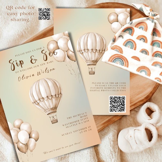 Boho Beige Sip and See Invitation with QR Code  (Creator Uploaded)