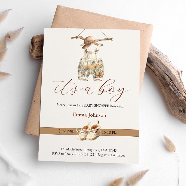 Boho Beige Tan Brown White Boy Baby Shower Invitation (Boho Beige Tan Brown White Boy Baby Shower Invitation)