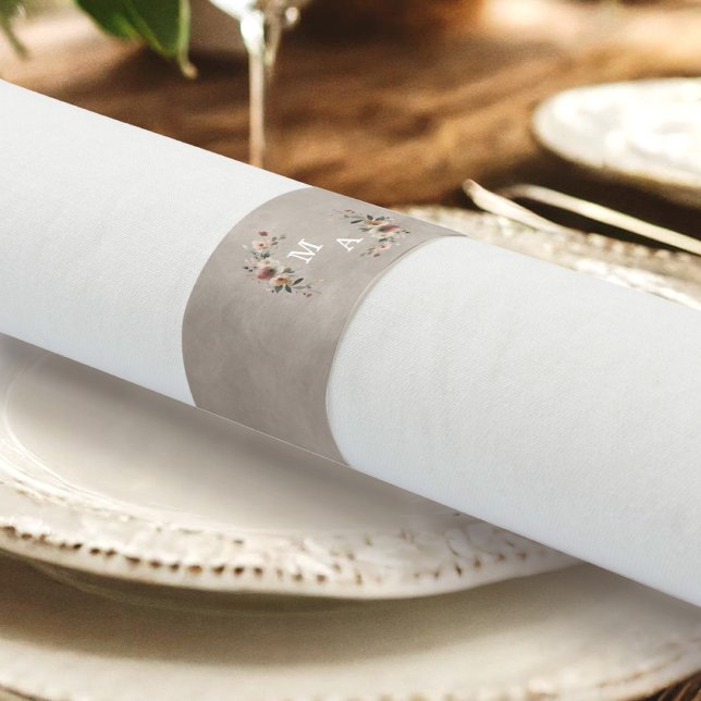 Boho Beige Taupe Floral Wreath Wedding Monogram Napkin Bands (Wrap your celebration in elegance with our monogrammed napkin bands in 6 boho hues.)