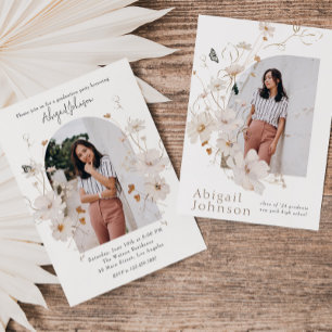 Boho Beige Watercolor Floral Graduation Party Invitation
