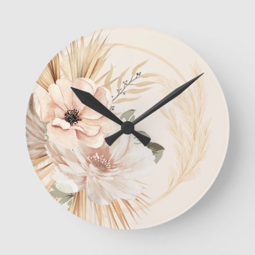 Boho Beige Watercolor Flowers Palms  Round Clock