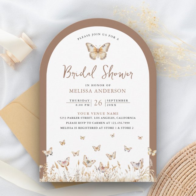 Boho Beige Wildflower Butterfly Arch Bridal Shower Invitation (Creator Uploaded)