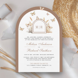 Boho Beige Wildflower Butterfly Arch Wedding Invitation