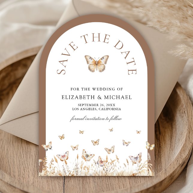 Boho Beige Wildflower Butterfly Arch Wedding Save The Date (Creator Uploaded)