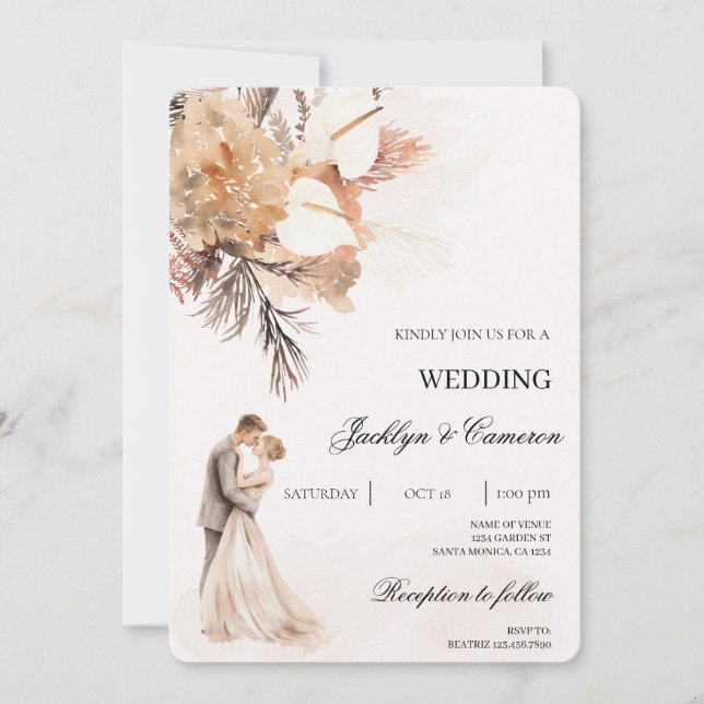 Boho beige with bride and groom wedding invitation (Front)