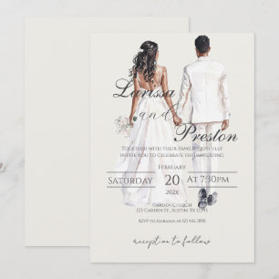 Boho beige with bride and groom wedding invitation