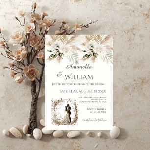 Boho beige with bride and groom wedding invitation