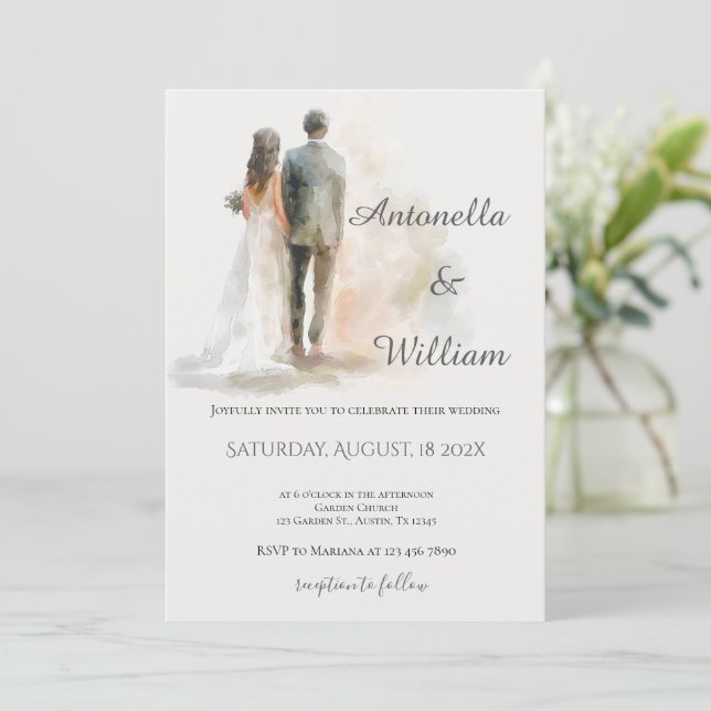 Boho beige with bride and groom wedding invitation (Standing Front)