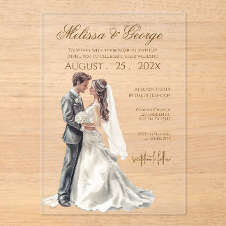 Boho beige with bride Wedding Acrylic Invitations