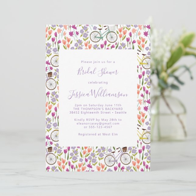 Boho Bicycle Floral Script Chic Bridal Shower Invitation (Standing Front)