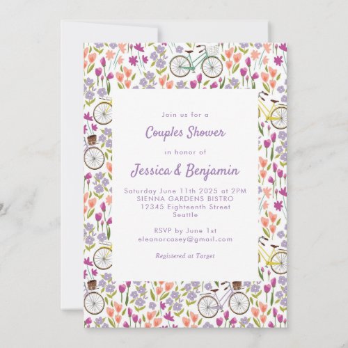 Boho Bicycle Floral Script Chic Couples Shower Invitation