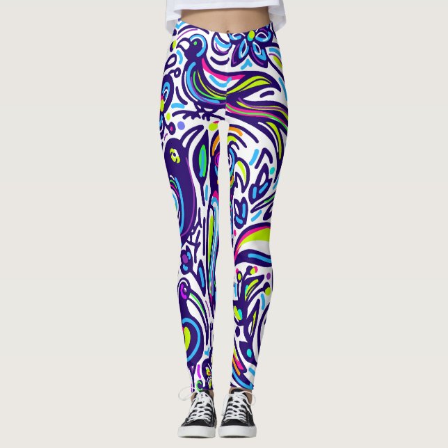 Boho bird pattern l Elegant Blue and white  Leggings (Front)