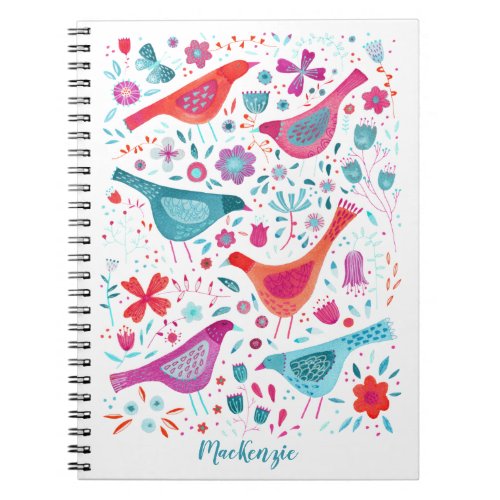 Boho Birds and Flowers Watercolor Custom Name Notebook