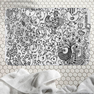 Boho Birds Black and White Whimsical Patterned Bath Mat