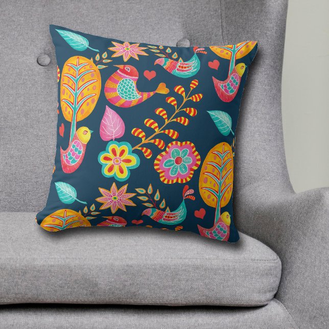 Boho Birds Trees Flowers Folk Art Pattern Throw Pillow (Creator Uploaded)