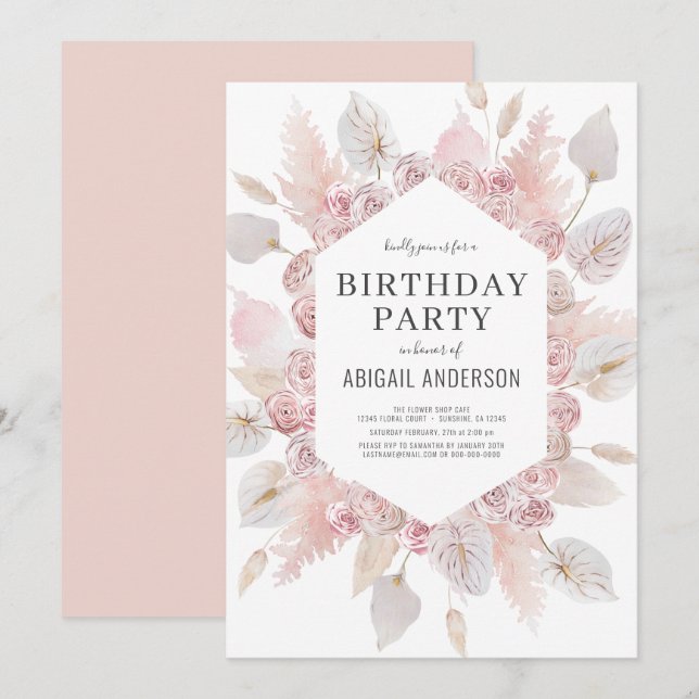 Boho Birthday Blush Pink Any Age Party  Invitation (Front/Back)