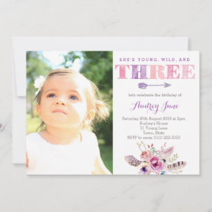 boho birthday party, bohemian 3rd birthday, three invitation