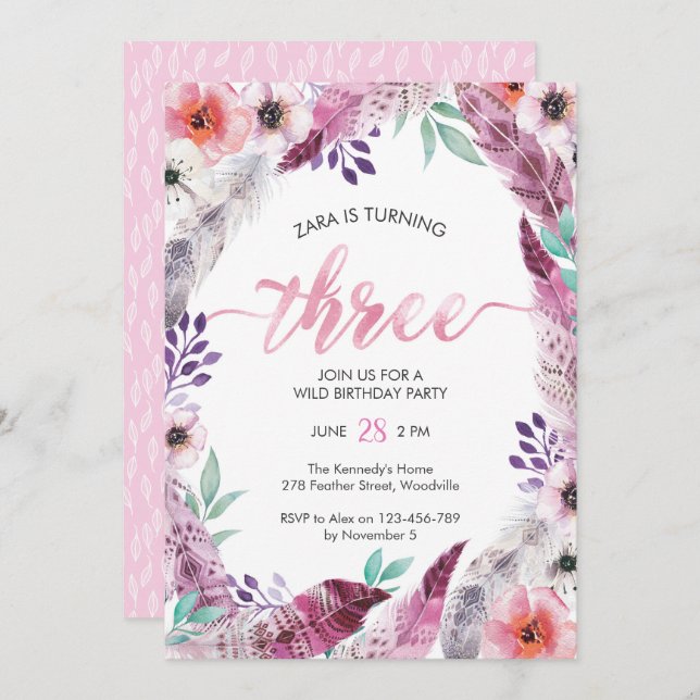 Boho Birthday party Invitation | 3rd birthday (Front/Back)