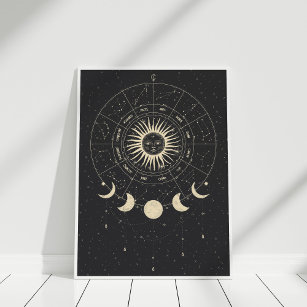 Boho Black and Beige Zodiac Moon Phases Poster