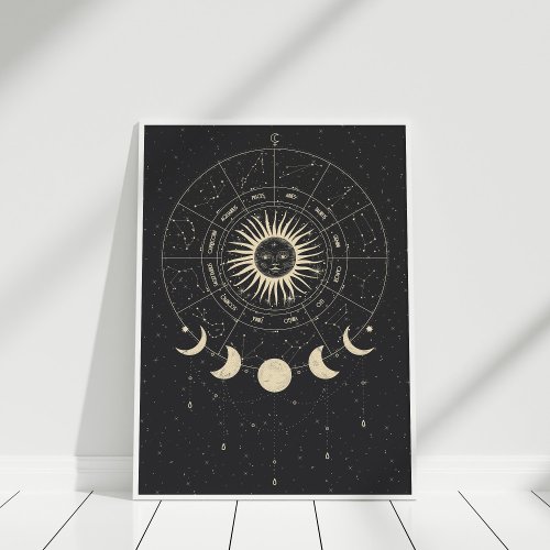Boho Black and Beige Zodiac Moon Phases Poster