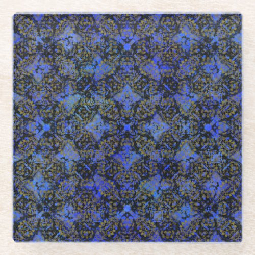 Boho Black and Blue Diamond Pattern Glass Coaster