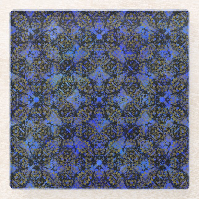 Boho Black and Blue Diamond Pattern Glass Coaster (Front)