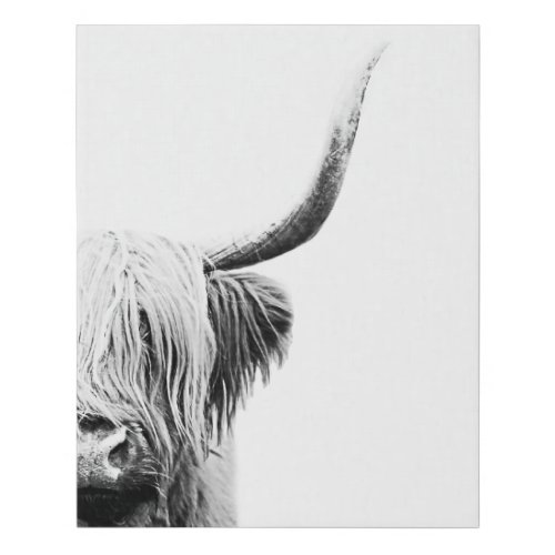 Boho Black and White Abstract Highland Cow  Faux Canvas Print