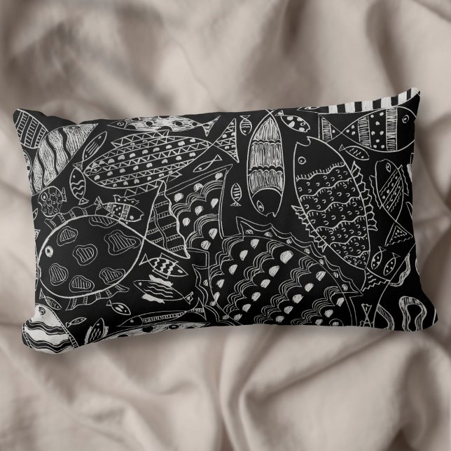  Boho Black And White Decorative Fish Pattern Lumbar Pillow (Creator Uploaded)