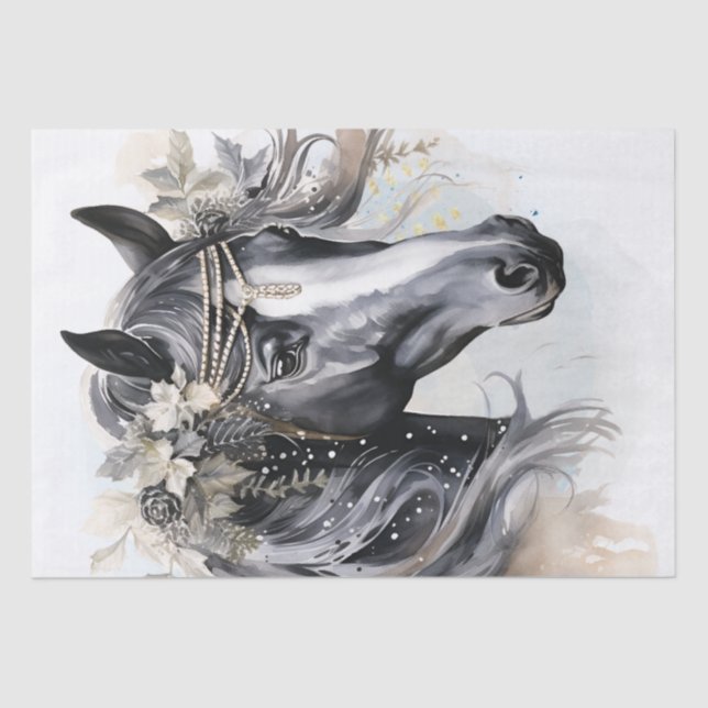 Boho Black and White Floral Horse Tissue Paper (Front)