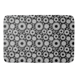 Boho Black and White Folk Flower Starburst Pattern Bathroom Mat