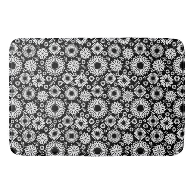 Boho Black and White Folk Flower Starburst Pattern Bathroom Mat (Front)