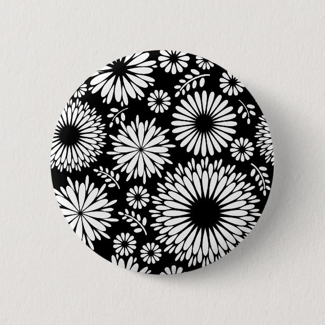 Boho Black and White Folk Flower Starburst Pattern Button (Front)