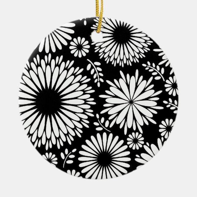 Boho Black and White Folk Flower Starburst Pattern Ceramic Ornament (Front)