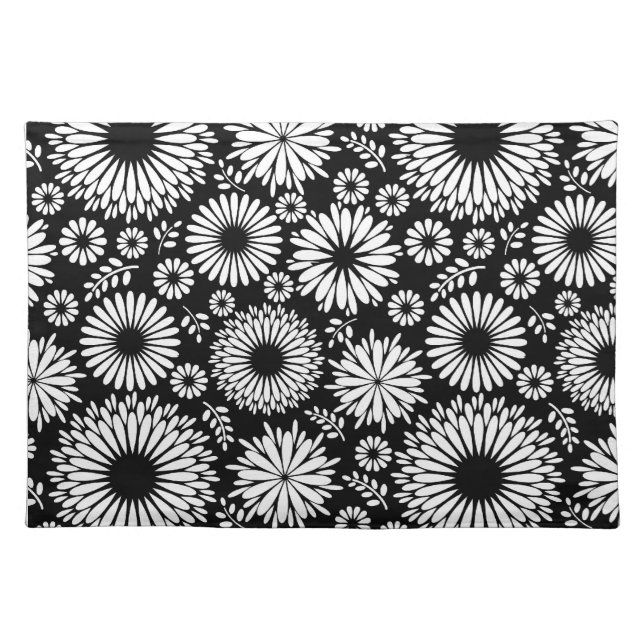 Boho Black and White Folk Flower Starburst Pattern Cloth Placemat (Front)