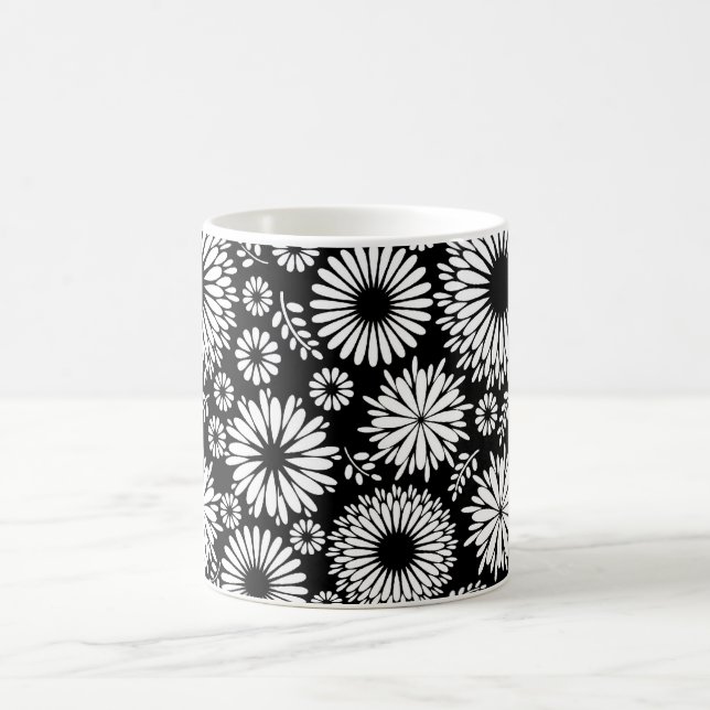 Boho Black and White Folk Flower Starburst Pattern Coffee Mug (Center)
