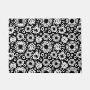 Boho Black and White Folk Flower Starburst Pattern Doormat