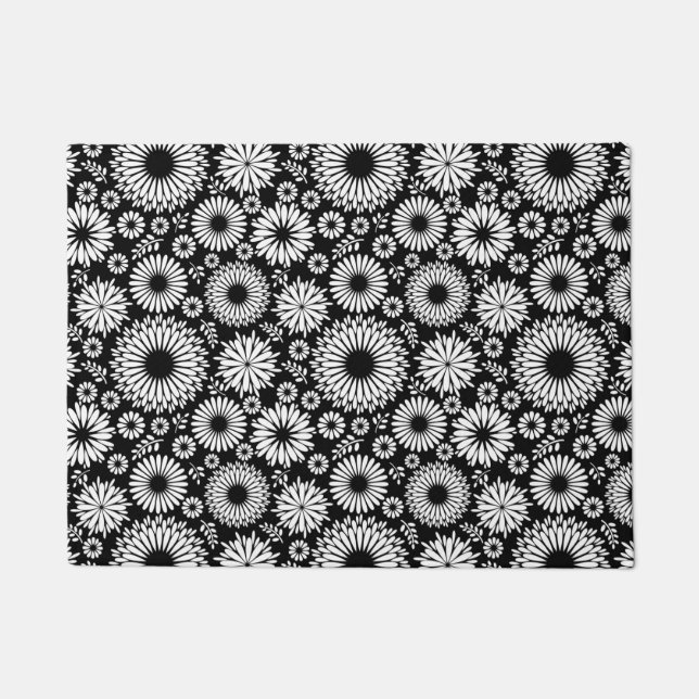 Boho Black and White Folk Flower Starburst Pattern Doormat (Front)